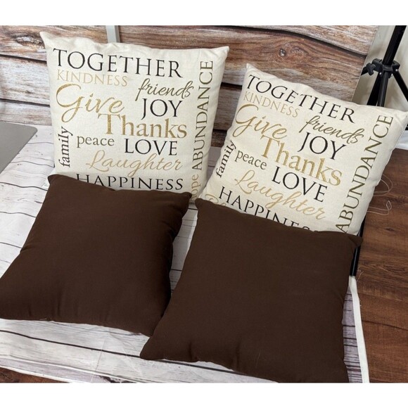 Fall Decorative Throw Pillow Lot 2 Print And 2 Brown Thanksgiving - Picture 1 of 11